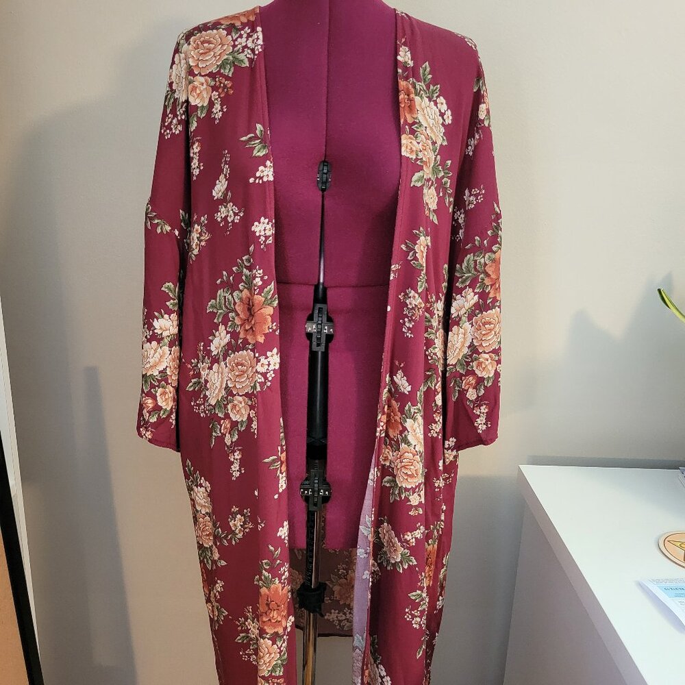 Forever21 Duster Cardigan, Midi Length, Floral, Red, XSMall, Kimono Sweater